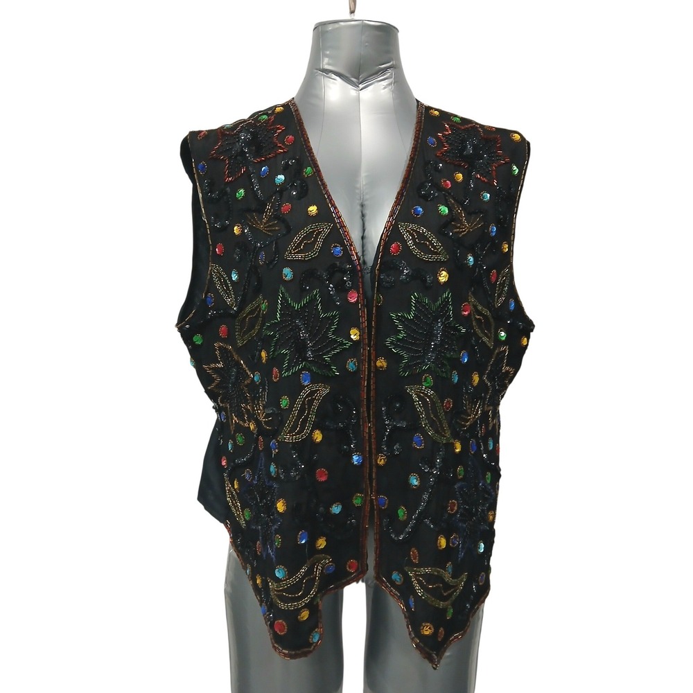 VTG 90s Gunit Silk Beaded Vest XL Black Floral Sequin Festival Whimsigoth